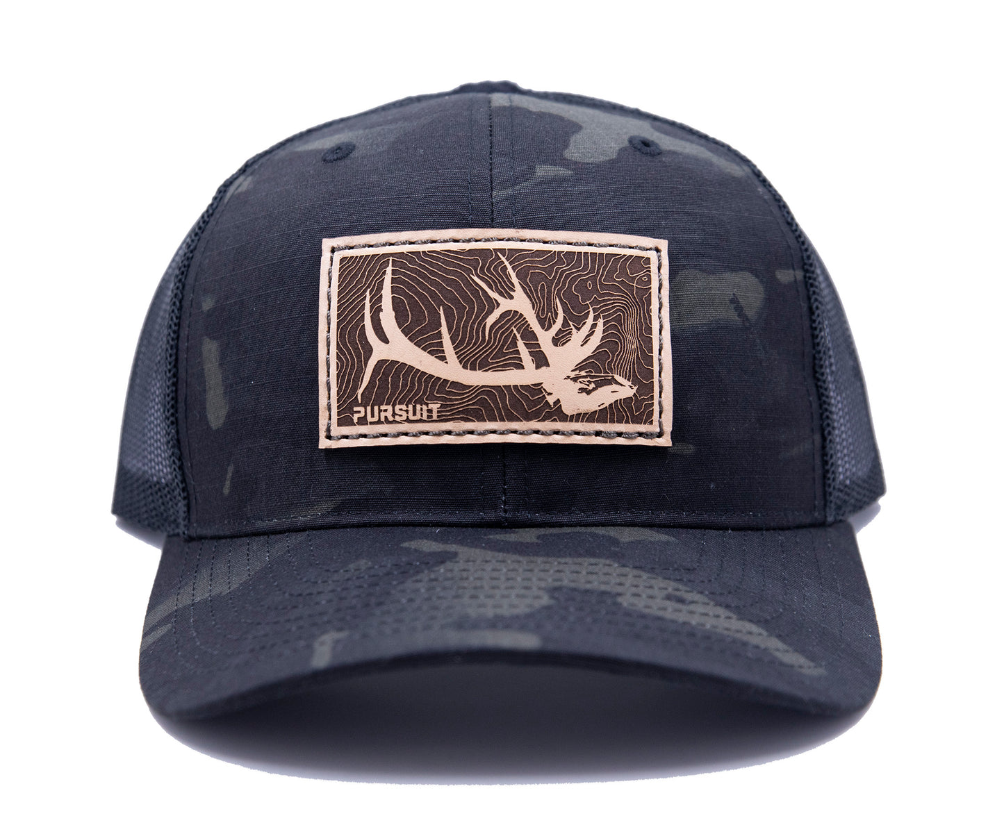 Elk Skull Black Camo Leather Patch Hat