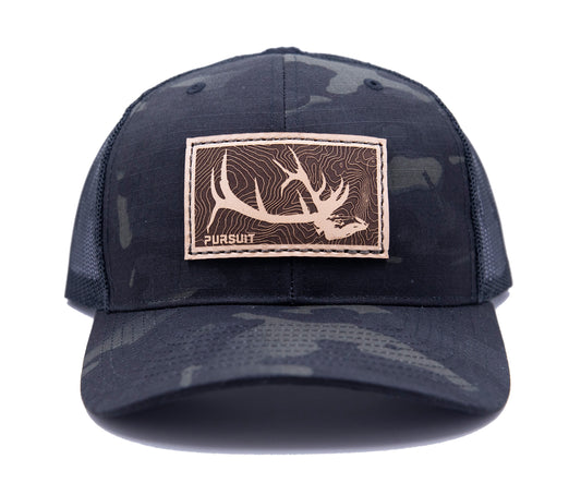 Elk Skull Black Camo Leather Patch Hat